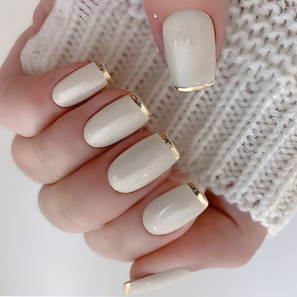 Nail Art Overlay - Средние накладные ногти для женщин, бежево-кремово-белые