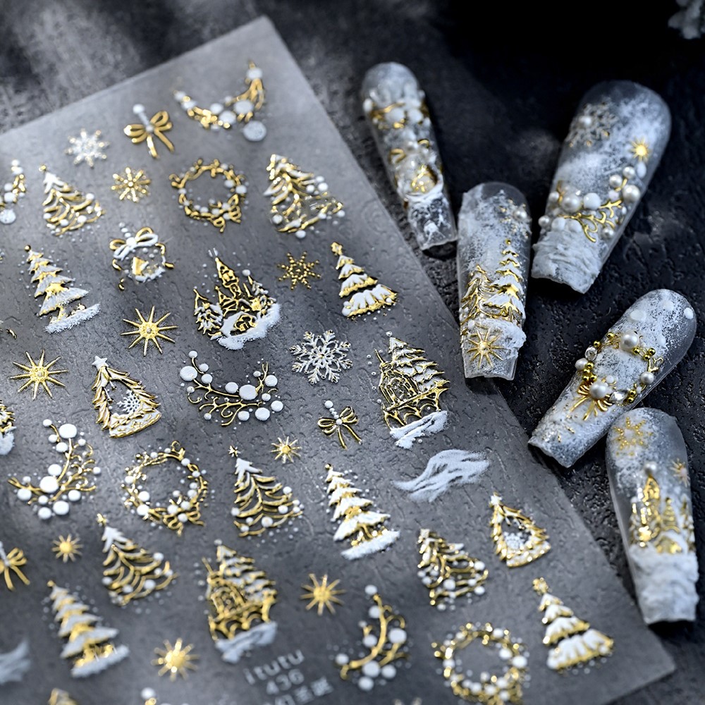 Nail Art Xmas - 5D тисненный золотой замок/гирлянда/рождественская елка, наклейки